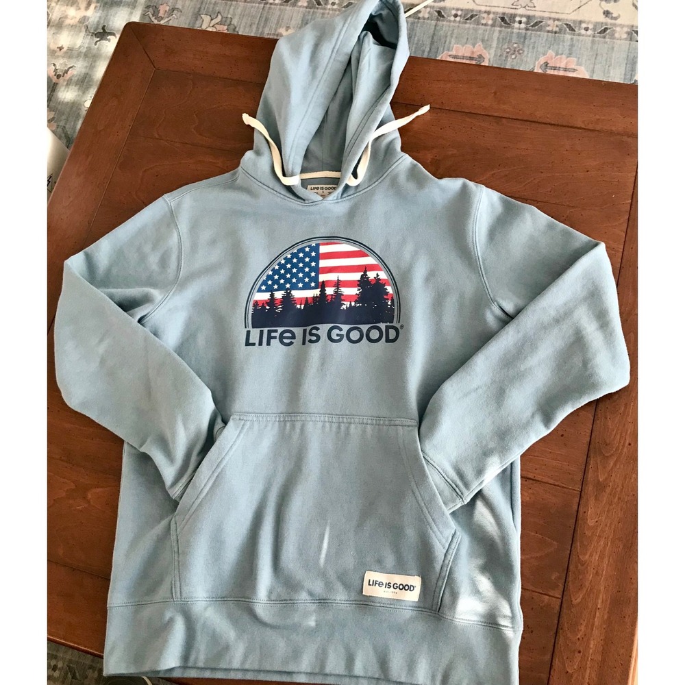 Life is Good Mens Pullover Hoodie Sweatshirt Blue Flag Trees‎ Size S